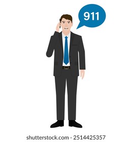Llamada de emergencia al 911. Hombre Llamando Al 911. Ilustración vectorial.	