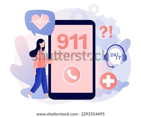 911 emergency call in smartphone app. Ambulance service. Assistant manager online. Hotline call center. Modern flat cartoon style. Vector illustration on white background