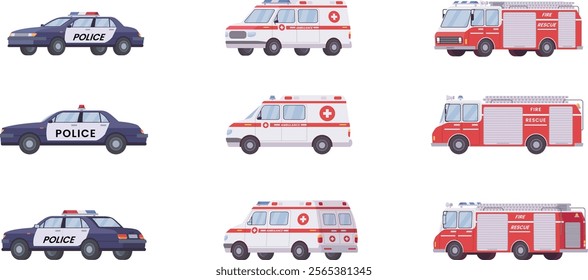 911 emergency vehicles set. Police cars, ambulance vans, fire fighters trucks isolated on white. Vector illustrations for accident, rescue, transport concept