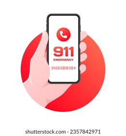 911 emergency voice call. Flat, red, phone in hand, urgent call, 911 emergency call. Vector icon