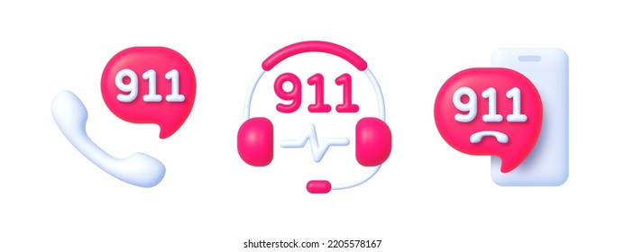 911 Icon set for infographic or website. 911 icons in 3D style on white background. Distress call, rescue service, emergency service and ambulance. Collection of red signs. Vector 3D illustration