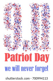 9.11 made of red, blue and white stars and words at the bottom, national USA flag colors. Vector illustration on white background for Patriot Day.