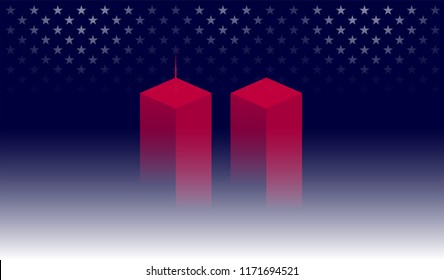 9/11 Memorial background with red Twin Towers, New York. Dark blue background w/ shining stars for 9//11 Remembrance Day USA vector