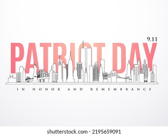 911 Nueva York. Cartel del aniversario del Día del Patriota. 11 de septiembre de 2001. Panorama Nueva York. Ilustración vectorial.