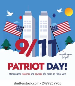 9,11 Patriot day. 9th Sept Patriot day USA banner, post with world trade center south and north towers. The day is to remember the lives of those who died in the 2001 terrorist attacks in USA.