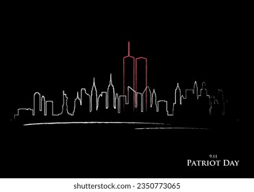 911 Patriot day background. New York skyline and Twin Towers with continuous drawing single line art. Patriot day vector banner.