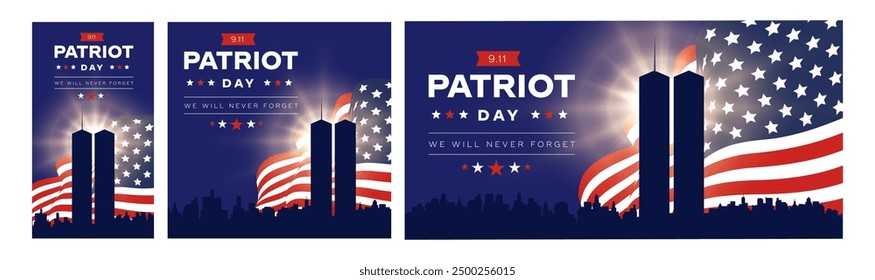 911 Patriot Day Background mit New Yorker Skyline und NYC Silhoutte, 11. September, US-Flagge, Memorial und Never Forget Lettering, Vector Illustrations Set.