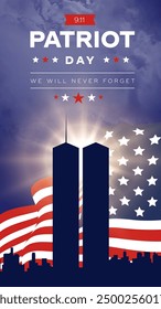 911 Patriot Day Background with New York skyline and NYC Silhoutte, September 11, United States flag, memorial and Never Forget lettering, Vector Illustrations Set.