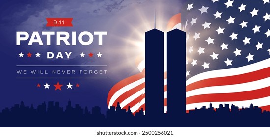 911 Patriot Day Background mit New Yorker Skyline und NYC Silhoutte, 11. September, US-Flagge, Memorial und Never Forget Lettering, Vector Illustrations Set.