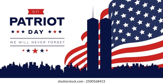 911 Patriot Day Hintergrund mit New York Skyline und NYC Silhoutte, 11. September, US-Flagge, Denkmal und nie vergessen Schrift, Vektorgrafiken.