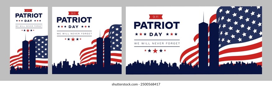 911 Patriot Day Background with New York skyline and NYC Silhoutte, September 11, United States flag, memorial and Never Forget lettering, Vector Illustrations.