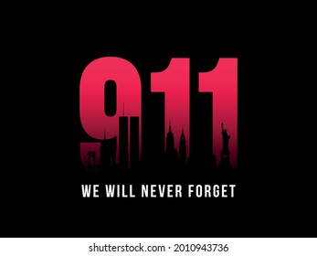 9-11 Patriot Day banner. Black silhouette of New York City Skyline on background of numbers 911. We will never forget. Stock vector illustration.