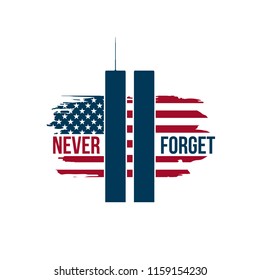 9/11 Patriot Day card with Twin Towers on american flag. USA Patriot Day banner. September 11, 2001. Never forget. World Trade Center.Vector design template for Patriot Day.