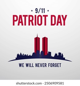 911 Patriot Day event background, New York skyline. 2 red stripes in form of twin towers. Design template for background, banner, card.