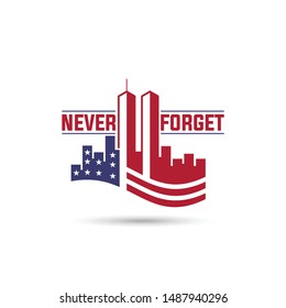 9/11 Patriot Day logo with Twin Towers on american flag. USA Patriot Day banner. September 11, 2001. We Will Never forget. World Trade Center.Vector design template with red and blue colours