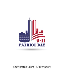 9/11 Patriot Day logo with Twin Towers on american flag. USA Patriot Day banner. September 11, 2001. We Will Never forget. World Trade Center.Vector design template with red and blue colours