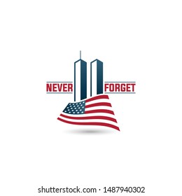 9/11 Patriot Day Logo With Twin Towers On American Flag. USA Patriot Day Banner. September 11, 2001. We Will Never Forget. World Trade Center.Vector Design Template With Red And Blue Colours