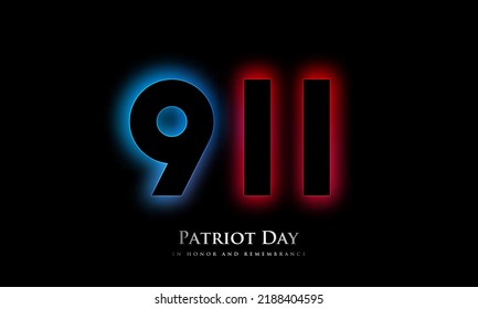 911 Patriot Day Neon Signboard. Numbers Glowing In Blue And Red Colors On Black Background. Twin Towers Remembrance Day. 