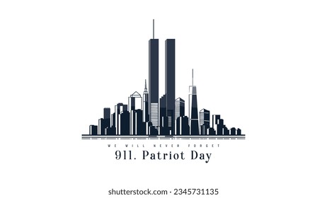 911 Patriot Day, New York skyline. NYC card design. 2 red stripes in form of twin towers. Design template for background, banner, card.