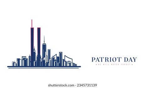 911 Patriot Day, New York skyline. NYC card design. 2 red stripes in form of twin towers. Design template for background, banner, card.