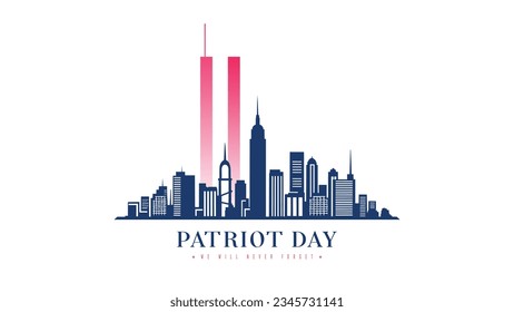 911 Patriot Day, New York skyline. NYC card design. 2 red stripes in form of twin towers. Design template for background, banner, card.