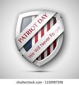 9/11 Patriot Day Poster Template, National holiday in the United States, September 11 in memory. We will never forget. America Shield with Flag Background. illustration for Patriot Day 9.11