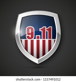 9/11 Patriot Day Poster Template, National holiday in the United States, September 11 in memory. We will never forget. America Shield with Flag Background. illustration for Patriot Day 9.11