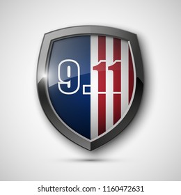 9/11 Patriot Day Poster Template, National holiday in the United States, September 11 in memory. We will never forget. America Shield with Flag Background. illustration for Patriot Day 9.11