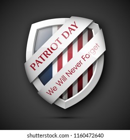 9/11 Patriot Day Poster Template, National holiday in the United States, September 11 in memory. We will never forget. America Shield with Flag Background. illustration for Patriot Day 9.11
