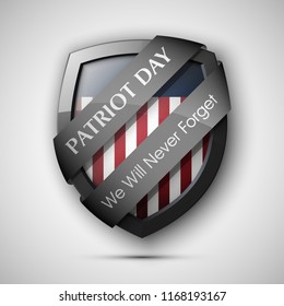 9/11 Patriot Day Poster Template, National holiday in the United States, September 11 in memory. We will never forget. America Shield with Flag Background. illustration for Patriot Day 9.11