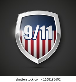 9/11 Patriot Day Poster Template, National holiday in the United States, September 11 in memory. We will never forget. America Shield with Flag Background. illustration for Patriot Day 9.11