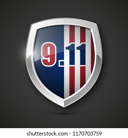 9/11 Patriot Day Poster Template, National holiday in the United States, September 11 in memory. We will never forget. America Shield with Flag Background. illustration for Patriot Day 9.11