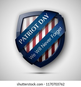 9/11 Patriot Day Poster Template, National holiday in the United States, September 11 in memory. We will never forget. America Shield with Flag Background. illustration for Patriot Day 9.11