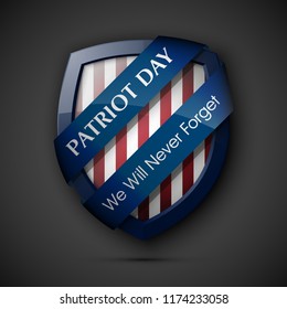 9/11 Patriot Day Poster Template, National holiday in the United States, September 11 in memory. We will never forget. America Shield with Flag Background. illustration for Patriot Day 9.11