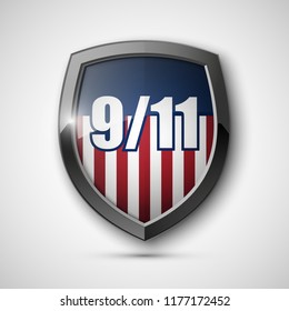 9/11 Patriot Day Poster Template, National holiday in the United States, September 11 in memory. We will never forget. America Shield with Flag Background. illustration for Patriot Day 9.11