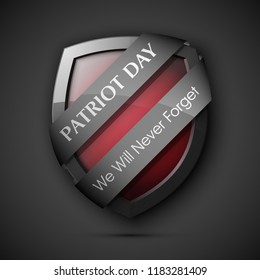 9/11 Patriot Day Poster Template, National holiday in the United States, September 11 in memory. We will never forget. America Shield with Flag Background. illustration for Patriot Day 9.11
