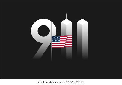 9/11 Patriot Day, September 11 vector illustration with the flag of the United States flown at half-staff, 911 twin towers art on black background