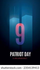 9-11 Patriot Day. Twin towers on dark blue background. Modern creative minimalist design. Vertical banner.