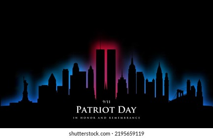 911 Patriot Day USA. Silueta negra de Nueva York con un neón rojo y azul brillante. En honor y recuerdo. Ilustración vectorial.