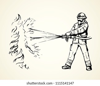 911 save lifeguard worker hold pipe on white backdrop. Freehand line black ink hand drawn fireproof wear, outfit hat emblem logo sketchy in retro art doodle cartoon style pen on paper space for text