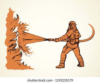 911 save lifeguard worker hold pipe on white backdrop. Freehand line black ink hand drawn fireproof wear, outfit hat emblem logo sketchy in retro art doodle cartoon style pen on paper space for text