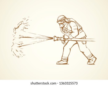 911 save lifeguard worker hold pipe on white backdrop. Freehand line black ink hand drawn fireproof wear, outfit hat emblem logo sketchy in retro art doodle cartoon style pen on paper space for text
