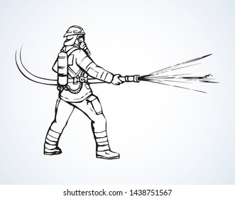 911 save lifeguard worker hold pipe on white backdrop. Freehand line black ink hand drawn fireproof wear, outfit hat emblem logo sketchy in retro art doodle cartoon style pen on paper space for text
