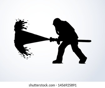 911 save lifeguard worker hold pipe on white backdrop. Dark black ink hand drawn fireproof wear, workwear, outfit hat emblem logo pictogram in retro art copntour engrave print style with space to text
