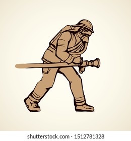 911 save lifeguard worker hold pipe on white backdrop. Freehand line black ink hand drawn fireproof wear, outfit hat emblem logo sketchy in retro art doodle cartoon style pen on paper space for text