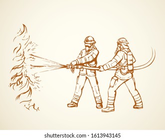 911 save lifeguard worker hold pipe on white backdrop. Freehand line black ink hand drawn fireproof wear, outfit hat emblem logo sketchy in retro art doodle cartoon style pen on paper space for text