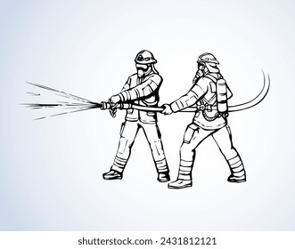 911 save lifeguard worker hold pipe on white backdrop. Freehand line black ink hand drawn fireproof wear, outfit hat emblem logo sketchy in retro art doodle cartoon style pen on paper space for text