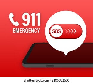911 Smartphone im flachen Stil. Rufen Sie Symbolvektorgrafik auf. Hand, die Smartphone hält. Erste Hilfe. Fingerberührungsschirm. Vektorgrafik.