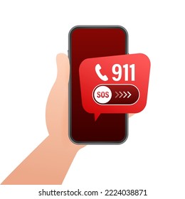 911 smartphone in flat style. Call icon vector. Hand holding smartphone. First aid. Finger touch screen. Vector stock illustration.