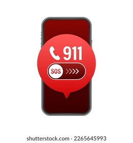 911 smartphone in flat style. Call icon vector. Hand holding smartphone. First aid. Finger touch screen. Vector stock illustration
